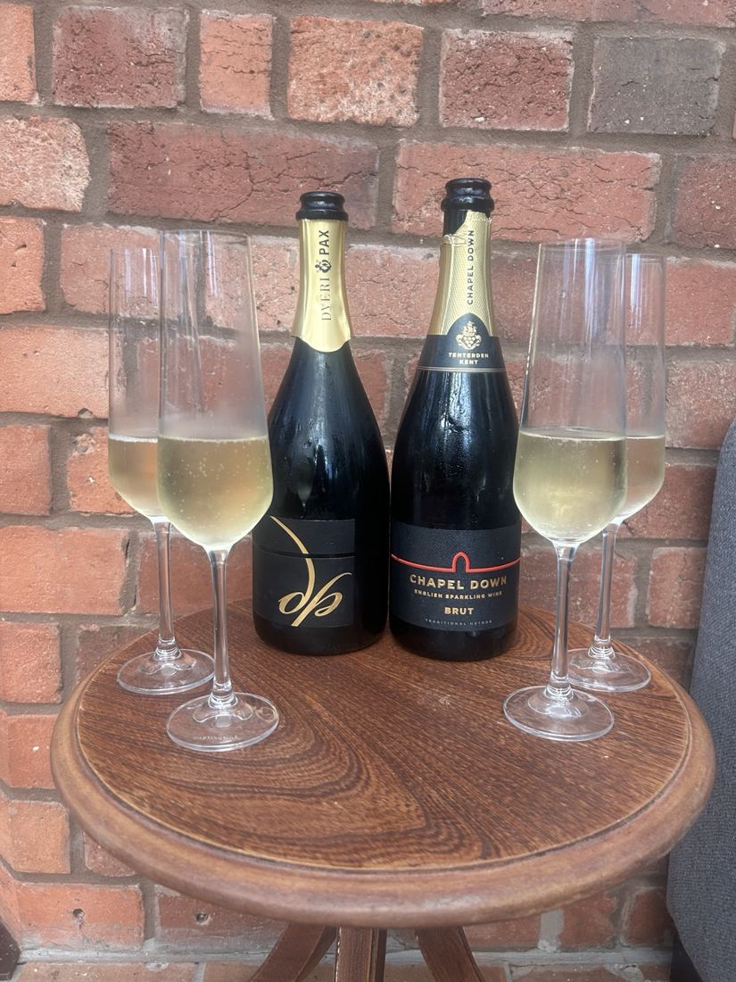 Sparkling wine tasting with two bottles and glasses